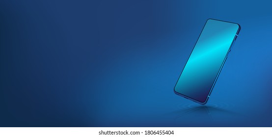 Blue 3D smartphone mockup on blue background. Concept modern technology. Smartphone perspective view with blank screen for UI, UX, Web presentation. Mobile phone mockup. Vector telephone