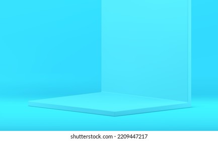 Blue 3d stage podium geometric foundation wall construction isometric studio background design realistic vector illustration. Scene pedestal merchandise product presentation minimalist advertising
