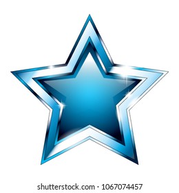 Blue 3d star icon with a silver frame. Vector illustration