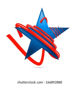 Blue 3D Star with Red Strip, Ribbon Isolated on White Background