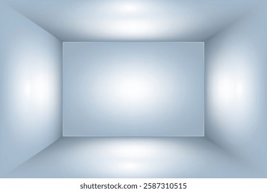 Blue 3d studio room, light box podium gallery space perspective, inside box mockup, vector illustration.