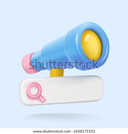 Blue 3D telescope looking over a search bar with magnifying glass icon, representing exploration, SEO, or digital research.
