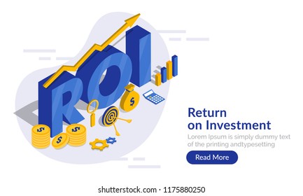Blue 3d text ROI with infographic element, financial info chart and coin stack for Return On Investment concept based web template design.