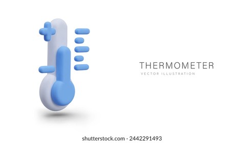 Blue 3D thermometer in cartoon style. Concept of cooling, cold, frost