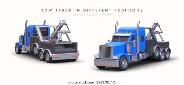 Blue 3D tow truck, front and back view. Set of isolated images. Services of transportation of broken, impounded car. Color detailed illustration of special equipment