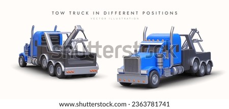 Blue 3D tow truck, front and back view. Set of isolated images. Services of transportation of broken, impounded car. Color detailed illustration of special equipment