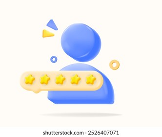 Blue 3D user icon with a five star rating, for illustrating customer reviews, feedback. illustration vector