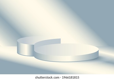 Blue 3d vector stage background for products. Cylinder podium mockup display with sun light and shadows.