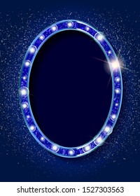 Blue 3d Vintage oval frame with a blank space for your text, messages, advertising, promotion. Gold frame with blue neon light. Vector illustration