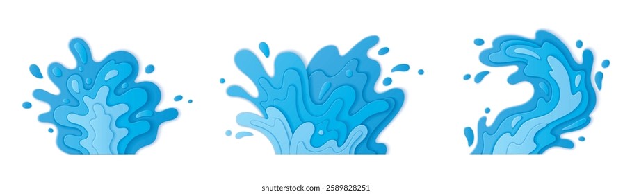 Blue 3d water splash paper cut design with layered waves, flowing curves, and dynamic droplets. Aquatic motion effect from stacked sheets. Clean modern graphic for summer promotions, beverage package.