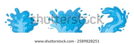 Blue 3d water splash paper cut design with layered waves, flowing curves, and dynamic droplets. Aquatic motion effect from stacked sheets. Clean modern graphic for summer promotions, beverage package.