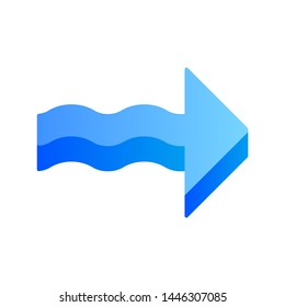 Blue 3d wavy arrow flat design long shadow color icon. Rightward direction. Pointing arrowhead. Sign pointing to right. Navigation pointer, indicator. Indicating symbol. Vector silhouette illustration