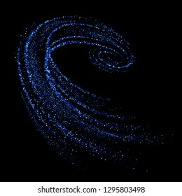 Blue 3d whirlpool, vortex, twist with dynamic particles. Shimmering star dust trail. Vector abstract motion isolated on black background