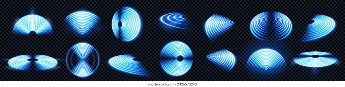 Blue 3d wifi signal symbol with neon light effect on transparent background. Wireless technology wave sign set. Digital radar circle network futuristic design. Computer protection system concept