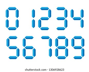 Blue 3D-like digital numbers. Seven-segment display is used in calculators, digital clocks or electronic meters. Vector illustration.