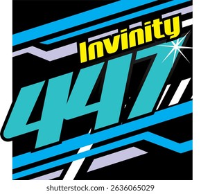 Blue 447 number vector, yellow INVINITY text, 3D design, sporty background.