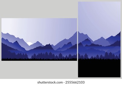 Blue 4k Vector wallpaper with a landscape, a mountain range vertical and horizontal.