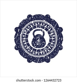 Blue 4kg kettlebell icon inside rubber stamp with grunge texture