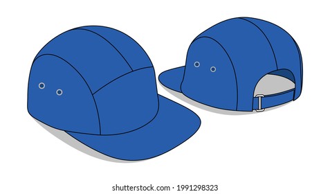 Blue 5 Panels Cap With Flat Brim Cap Template On White Background, Perspective View.