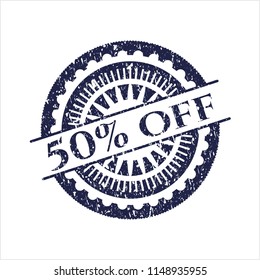 Blue 50% Off distressed rubber seal with grunge texture