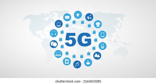 Blue 5G Network Label With Grey World Map And Circle Of Tech Icons - High Speed, Broadband Mobile Telecommunication And Wireless Internet Design, New Cutting Edge Global Mobile Technology Concept