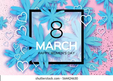 Blue 8 March. Floral Greeting card. Happy Women's Day. Paper cut flower holiday background with square Frame and space for text. Origami Trendy Design Template. Happy Mother's Day. Vector illustration