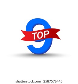 Blue 9 shape. Red TOP ribbon. Vector ranking icon. Bold numeric design.