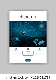 Blue A4 HUD Business Book Cover Design Template. Good for Portfolio, Brochure, Annual Report, Flyer, Magazine, Academic Journal, Website, Poster, Monograph. World map. Vector EPS10.