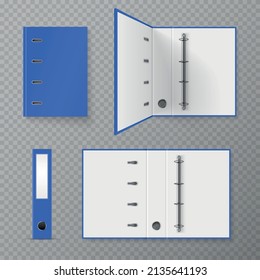 Funda azul a4 de oficina con anillos metálicos ajustados de forma realista aislados en ilustración vectorial de fondo transparente