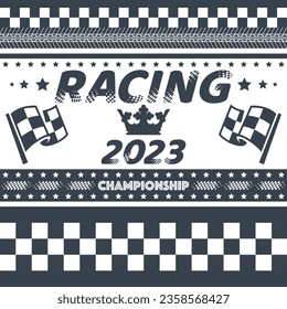 Blue abd white sport background with checkered flags and stars for racing competitions and rally banners