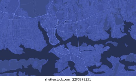 Blue Abidjan map, Cote d'Ivoire, detailed municipality map, skyline panorama. Decorative graphic tourist map of Abidjan territory. Royalty free vector illustration.