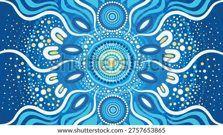 Blue Aboriginal Art Composition with Water Inspired Flowing Shapes and Dot Details
