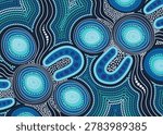 Blue Aboriginal Dot Artwork with Flowing Tribal Water Pattern Design