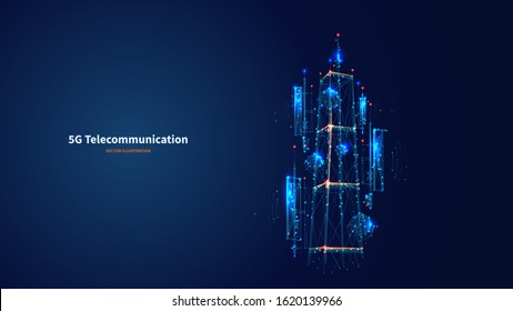 Blue abstract 3d isolated 
5G antenna on innovation technology background. Low poly wireframe digital vector.
Polygons and connected dots.
Internet telecommunication tower futuristic concept.