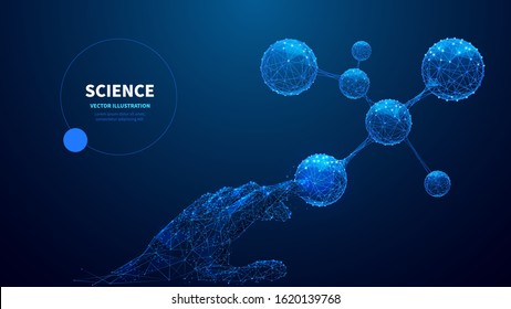 Blue abstract 3d isolated hand touching a molecule
on innovation technology background. Low poly wireframe digital 
vector illustration.
Polygons and connected dots.
Science futuristic concept.