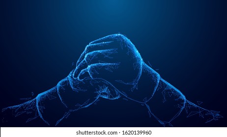 Blue abstract 3d isolated MMA gloves
on innovation technology background. Low poly wireframe digital vector. Polygons, lines, particles, and connected dots.
Martial arts futuristic concept.