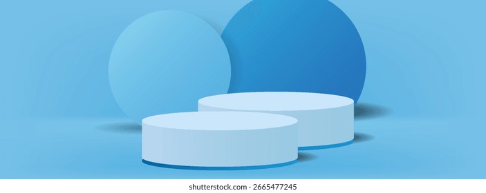 Blue abstract 3D minimal geometric shape scene for product presentation background, Cylinder podium for display products and circle shape overlap behind,