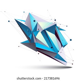Blue abstract 3D structure polygonal vector object, cosmic network element. Cybernetic  art deformed figure isolated on white background.