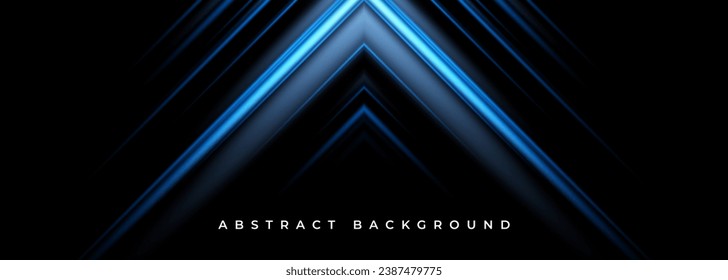Blue abstract arrows on a wide black background banner. Vector illustration