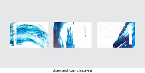 Blue abstract art background with hand drawn line decoration vector. Brush stroke painting  elements with Japanese wave pattern in vintage style.