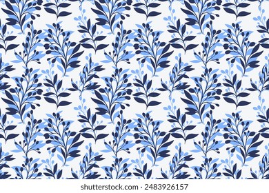 Blue abstract artistic shapes branches leaves seamless pattern. Vector hand drawing sketch. Creative simple  background leaf stems printing. Design for fashion, fabric, wallpaper