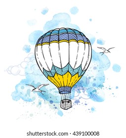 Blue abstract background with air balloon flying in the sky. Hand drawn vector illustration.