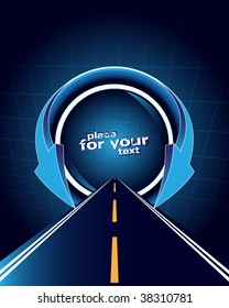 Fondo abstracto azul con flechas y carretera