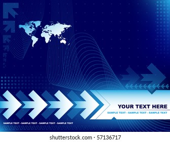 Blue abstract background with arrows and world map