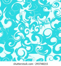 Blue abstract background with blur spots. Seamless pattern with spiral curls. Vector illustration.