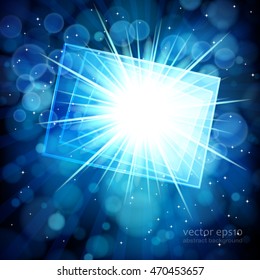 Blue abstract background with bokeh defocused lights. Rectangular banner for your text.