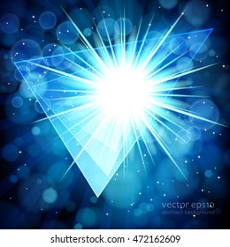 Blue abstract background with bokeh defocused lights. Triangle banner for your text.