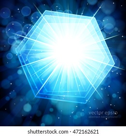 Blue abstract background with bokeh defocused lights. Hexagon banner for your text.