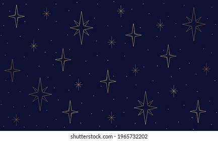 Blue abstract background in the dark colors of the night sky. Golden line art stars and dots. Metallic effect. Universe, cosmos, starry night