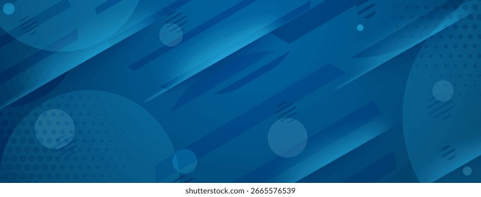 Blue abstract background with diagonal lines, circles, and dots creates a dynamic and layered visual effect.